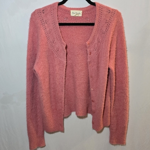 The Reeds Pink Super Soft Eyelash Textured Pink Fuzzy Cardigan Button Up Sweater - Picture 1 of 8